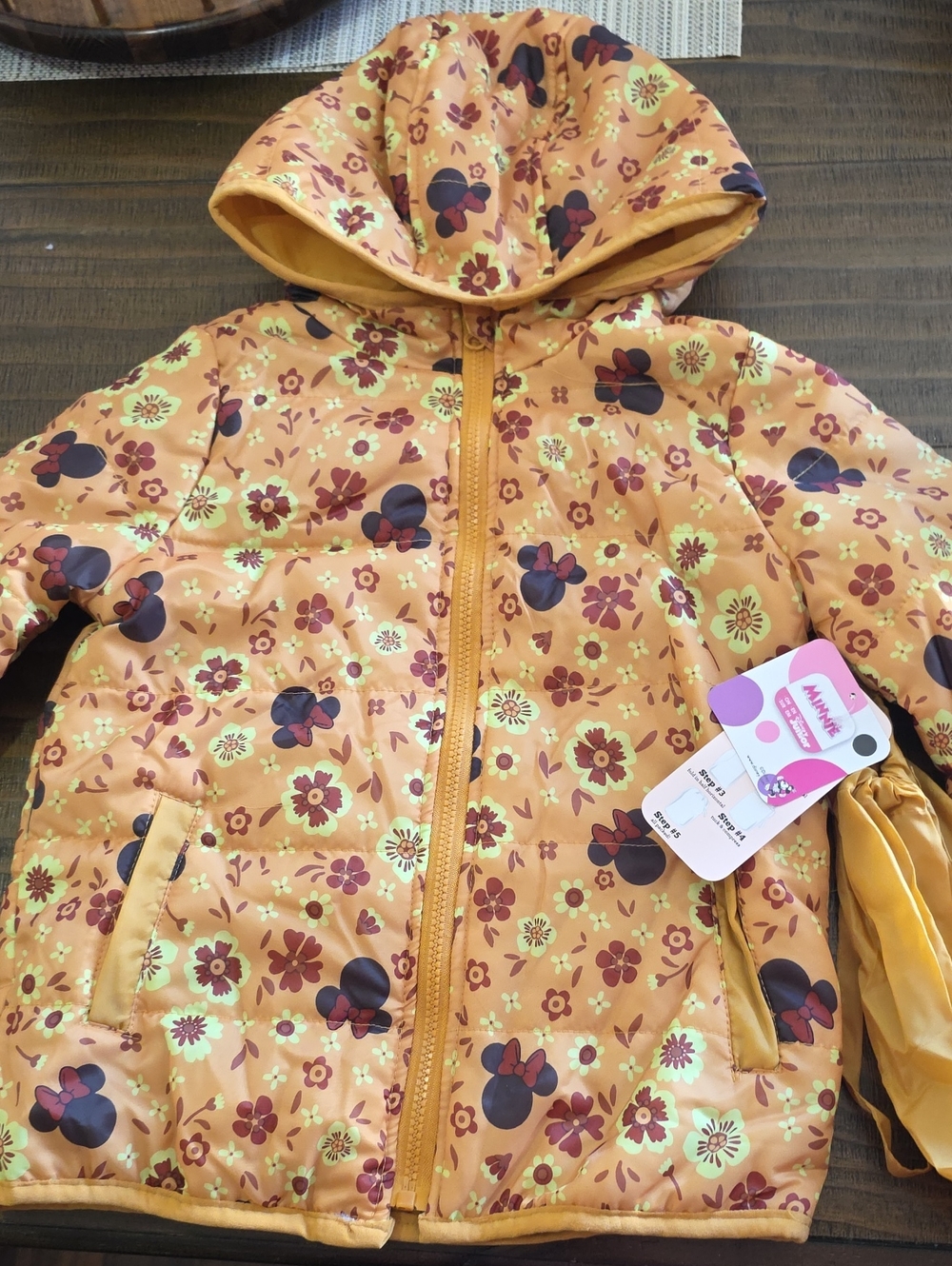 Girls' Disney Minnie Mustard Floral Hooded Puffer Jacket